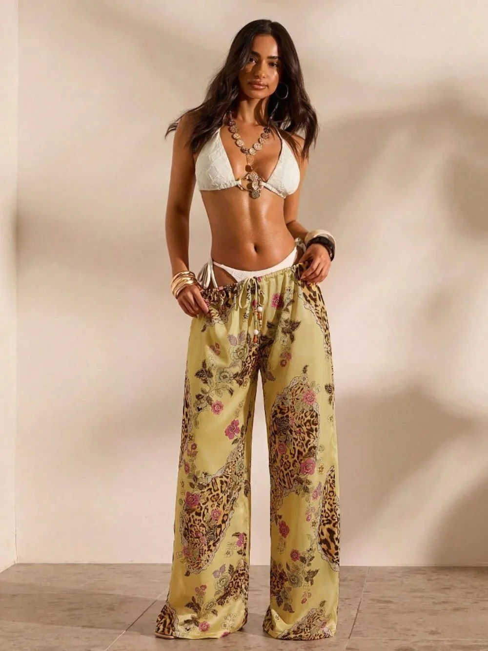 Multicolor Women's Floral Print Casual Vacation Cover-Up sheer Pants